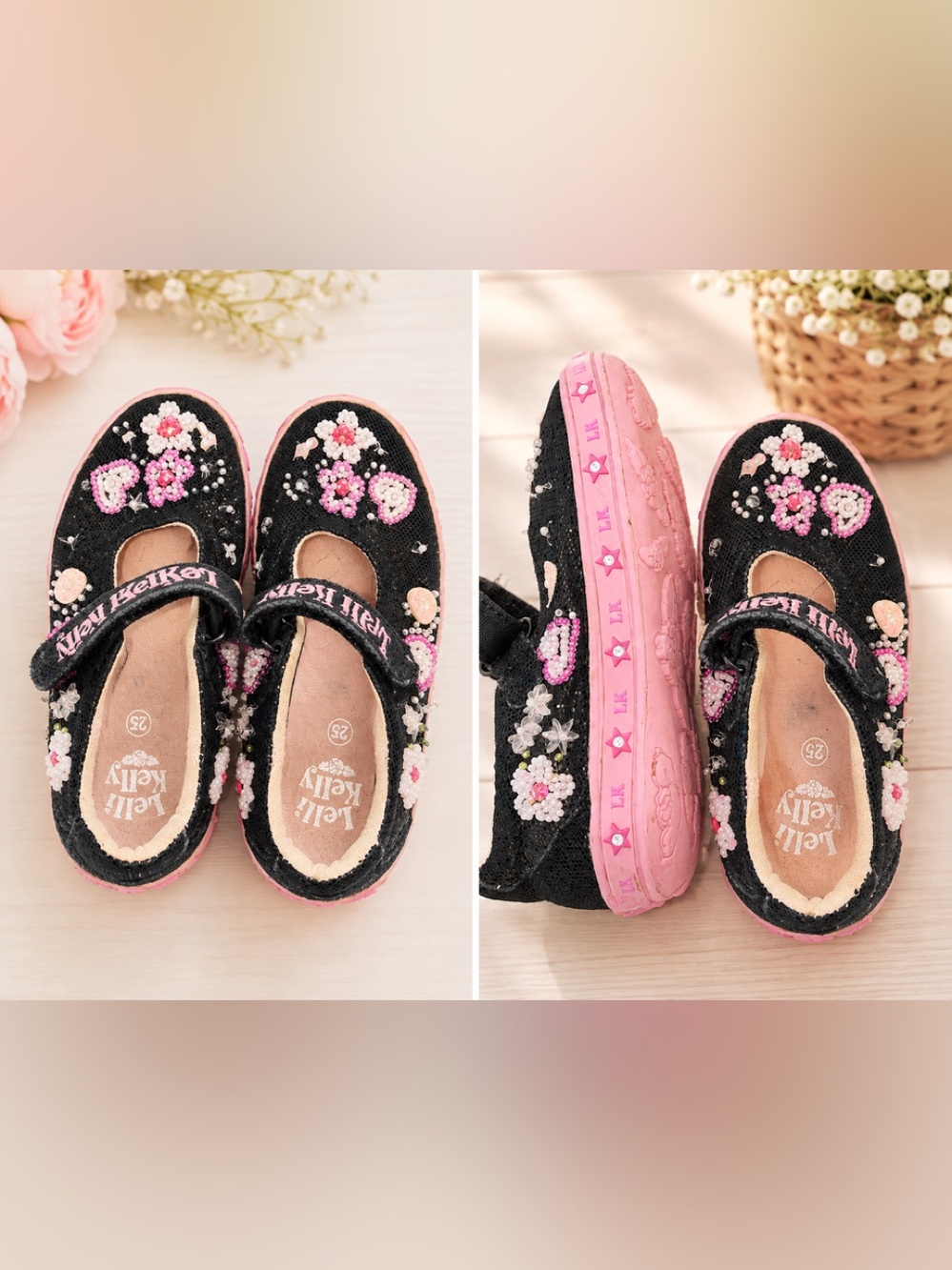 Lelli Kelly kids beaded shoes black pink size 25 8-8.5 us